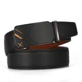 Herren Ledergürtel mit automatischer Metallschnalle und orangefarbenem X-Muster - 110cm / Schwarz