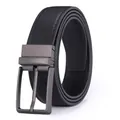 Classic men's black leather belt with a grey rotatable needle buckle on white background - Matte Gunmetal Rotating Buckle (ZK-839) / 105cm