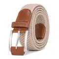Macro shot of khaki woven stretch belt with brown leather accents and silver metal buckle - 105cm / Khaki
