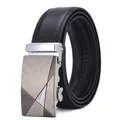 Close-up of men's black leather belt with a geometric brushed alloy automatic buckle - 110-130 / 070 Brushed Black