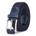 Detailed view of dark blue braided elastic belt with silver metal buckle and leather trim - 105cm / Blue