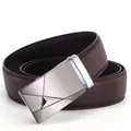Detail of dark brown leather belt featuring a silver brushed metal automatic buckle - 110-130 / 070 Brushed Brown