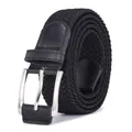 Detailed close-up of black elastic woven belt with silver metal buckle and leather trim - 105cm / Black