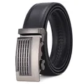 Detail of black leather belt with brushed metal automatic buckle and textured grain - 110 / 041 Black Style (5753852643015)