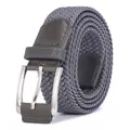 Detail of dark grey elastic braided belt with silver metal buckle and leather trim - 105cm / Gray