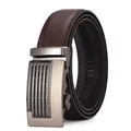 Detail of men's leather belt showing dark brown litchi texture and gunmetal buckle - 110 / 041 Brown Style (5753852643021)