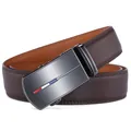 Men's leather belt with dark brown textured strap and matte automatic metal buckle - Brown (076-219)