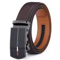 Macro view of men's leather belt with black matte automatic buckle and tri-color stripe - Brown (219 Pattern)