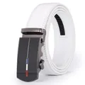 Detail of white leather belt showing stitching and gunmetal buckle with tricolor stripe - White (14 Pattern)