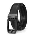 Detail of black leather belt showing metal automatic buckle and precision stitching - 14 Matte Black