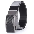 Detail of gray nylon tactical belt featuring matte gunmetal buckle with carbon fiber inlay - 105 / Black Buckle Gray Black