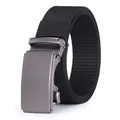 Men's black nylon canvas belt with a matte grey automatic buckle in a 45-degree view - 105 / Black