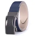 Detail of nylon tactical belt with carbon fiber texture alloy buckle and two-tone strap - 105 / Black Buckle Blue Beige