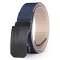 Men's navy blue tactical nylon belt with automatic black metal buckle on white background - 105 / Blue Beige