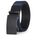 Detailed view of high-density navy blue nylon tactical belt with black matte alloy buckle - Blue Splicing Black