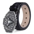 Detail of western belt with bull skull buckle and geometric embossed black leather - NT-2 Black