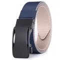 Navy and beige double-sided canvas tactical belt with matte black automatic buckle - Blue-Beige with Black Buckle (FB-10)
