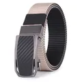 Detail of automatic buckle with carbon fiber texture and two-tone nylon tactical belt - 105 / Black Buckle Beige Black