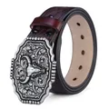 Western cowboy leather belt with vintage longhorn bull skull buckle and embossed floral patterns - NT-2 Brown