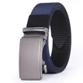 Men's navy blue canvas tactical belt with matte grey automatic metal buckle on white background - Blue Black