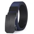 Detail of navy blue nylon woven belt with matte black automatic metal buckle and texture - Black Blue