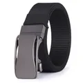 Detail of grey metal automatic buckle and black nylon tactical belt texture - 105cm / Black with Gunmetal Buckle (FB-10)