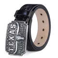 Western cowboy leather belt featuring silver longhorn bull relief buckle and Texas engraving - NT-1 Black / 110cm