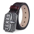 Men's vintage leather belt with embossed longhorn steer skull alloy buckle in brown - NT-1 Brown / 110cm