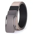Detail view of double-sided canvas tactical belt with rotatable matte metal buckle - 105cm / Beige-Black with Gunmetal Buckle (FB-10)