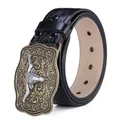Vintage western cowboy leather belt featuring embossed floral vine and longhorn bull buckle - NT-3 Black