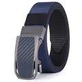 Detail of navy nylon strap with gunmetal automatic buckle featuring carbon fiber texture - Blue Buckle Blue Black