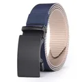 Men's casual nylon belt with blue and beige woven strap and black matte automatic buckle - 105cm / Blue Patchwork Beige