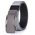 Detail of grey woven tactical belt showing the gunmetal automatic buckle and elastic segment - 105cm / Gray-Black with Gunmetal Buckle (FB-10)