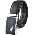 Detail of dark brown leather belt with black-silver automatic buckle and geometric patterns - 110cm / Black Buckle Brown