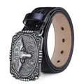 Western cowboy leather belt with vintage silver bull head buckle and floral embossing - NT-4 Black / 110cm