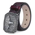 Western cowboy leather belt with vintage silver bull head embossed metal buckle - NT-4 Brown / 110cm