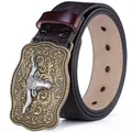 Vintage western cowboy leather belt featuring embossed longhorn bull buckle and floral patterns - NT-3 Brown