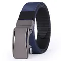 Close-up of navy blue nylon belt strap with matte gunmetal automatic buckle detail - Blue-Black with Gunmetal Buckle (FB-10)