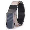 Detail of men's nylon belt with carbon fiber texture buckle and khaki woven strap - Blue Buckle Beige Black