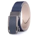 Detail of two-tone nylon woven belt with a carbon fiber texture automatic metal buckle - Blue Buckle Blue Beige