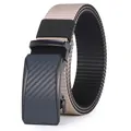 Detail of men's automatic buckle belt featuring carbon fiber texture and nylon webbing - Blue Buckle Beige Black