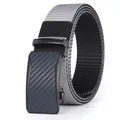 Detail showing the gray and black nylon woven texture and carbon fiber buckle of tactical belt - Blue Buckle Gray Black