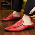 Mens red hollow leather mule loafers with breathable design and gold buckle ornament - EU 40 / Red