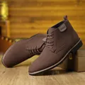 Detail of brown suede chukka boots with white stitching on a rustic wooden background - EU 45 / Brown Frosted Style (15008)