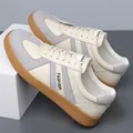 Men's leather casual sneakers in beige and grey with a durable brown gum sole - EU 38 / White