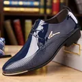 Men's navy business dress shoes with textured leather and gold metal accents - Blue 1879