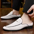 Men's white hollow-out leather clogs with square perforations and silver buckle details - EU 38 / White
