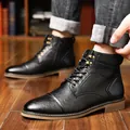 Men's black leather high-top wingtip boots with side zipper and blue heel detail - EU 45