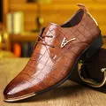 Detailed macro view of brown embossed crocodile leather and golden metal V-shaped buckle - EU 40 / Dark Brown 1878