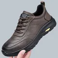Men's dark brown leather casual fashion shoes with thick black sole and gold detail - 38 / Gray